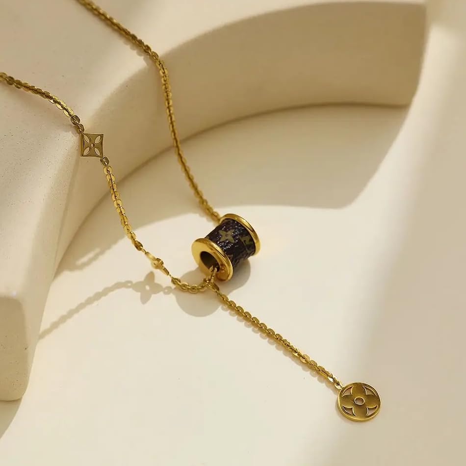 18K Gold Stainless Steel Necklace - Brown Cylinder Pendant with Charms