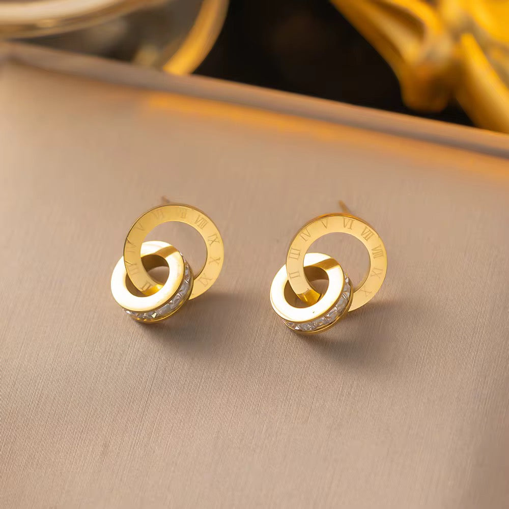 Two Ring Roman Numeral’s Earrings - 18K Gold Stainless Steel