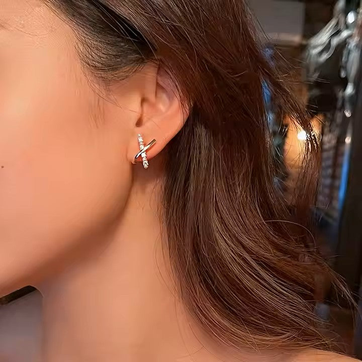 Small Cross X-shape Zircon Pearl Earrings