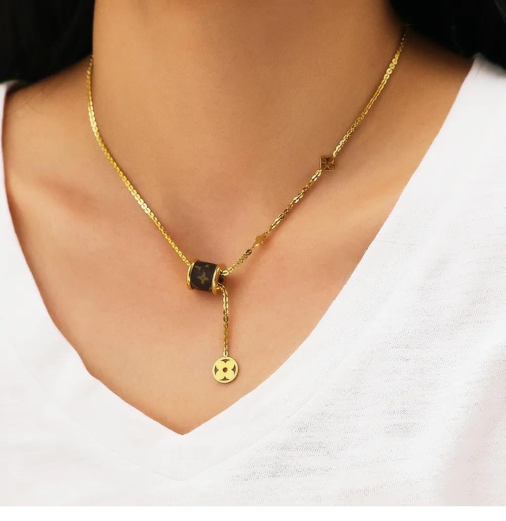 18K Gold Stainless Steel Necklace - Brown Cylinder Pendant with Charms