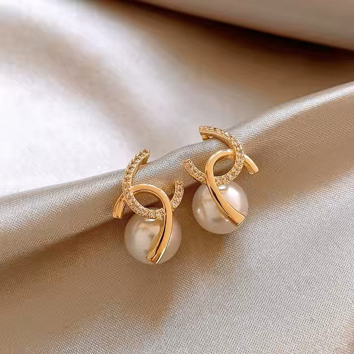 Pearl Earrings Double C Cross