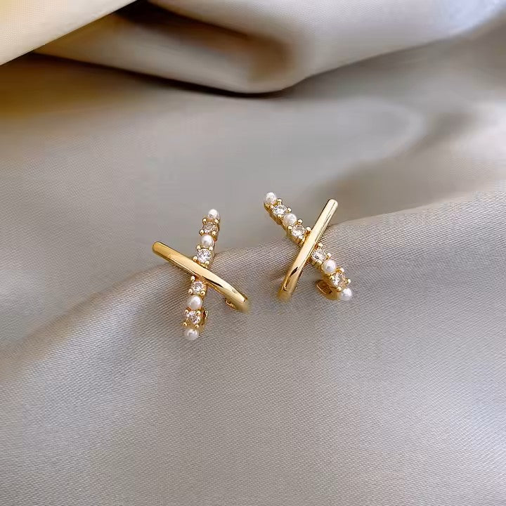 Small Cross X-shape Zircon Pearl Earrings
