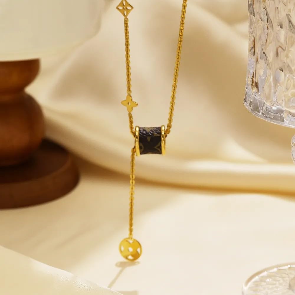 18K Gold Stainless Steel Necklace - Brown Cylinder Pendant with Charms
