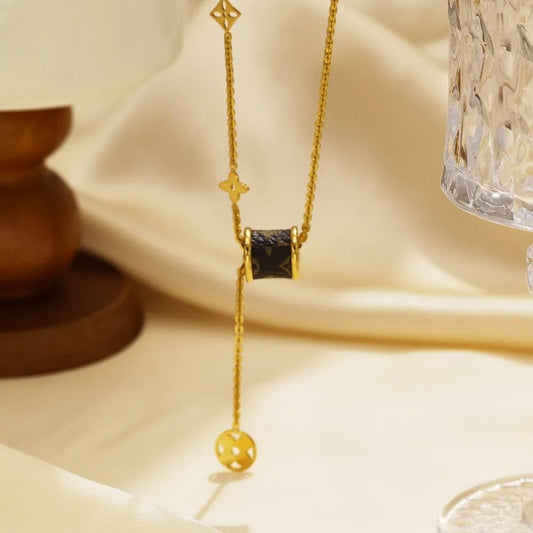 18K Gold Stainless Steel Necklace - Brown Cylinder Pendant with Charms