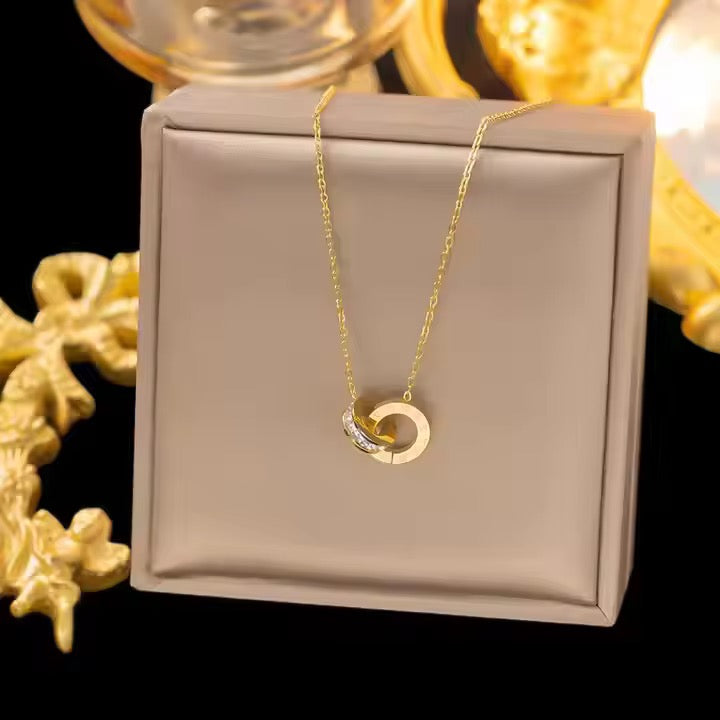 Two Ring Roman Numeral’s Necklace - 18K Gold Stainless Steel