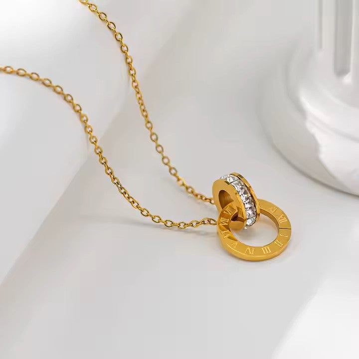 Two Ring Roman Numeral’s Necklace - 18K Gold Stainless Steel