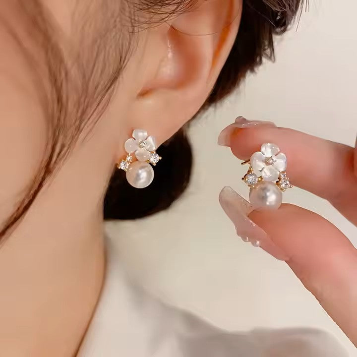 White Four Leaf Flower with Zircon Pearl Pendant Stud Earrings