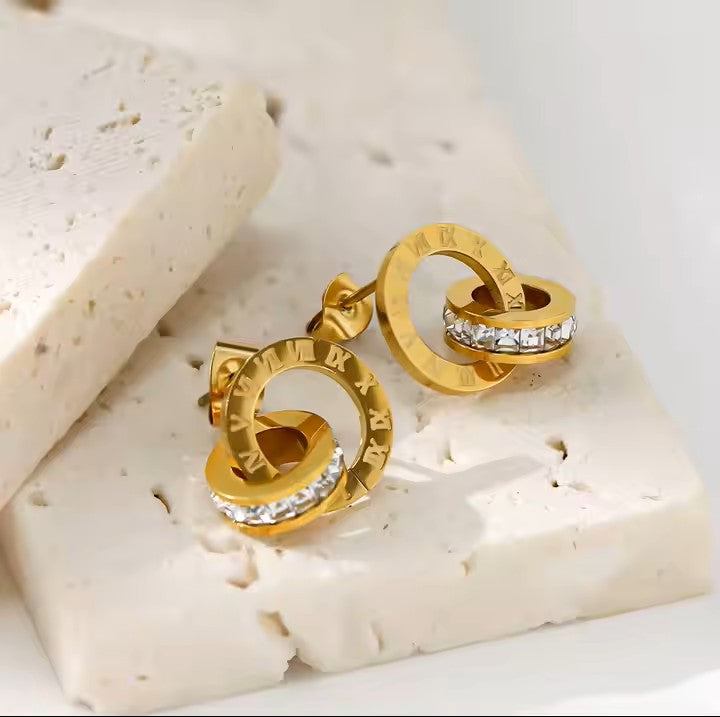 Two Ring Roman Numeral’s Earrings - 18K Gold Stainless Steel