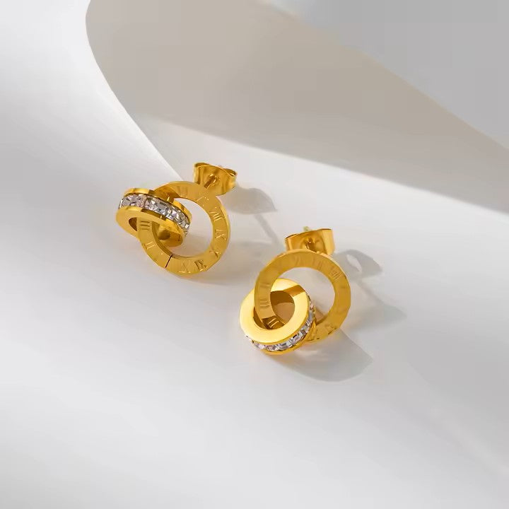 Two Ring Roman Numeral’s Earrings - 18K Gold Stainless Steel