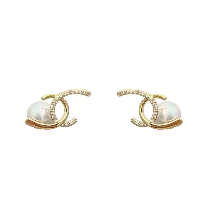 Pearl Earrings Double C Cross
