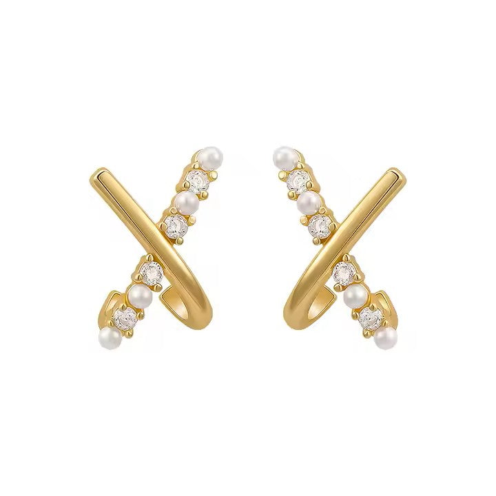 Small Cross X-shape Zircon Pearl Earrings