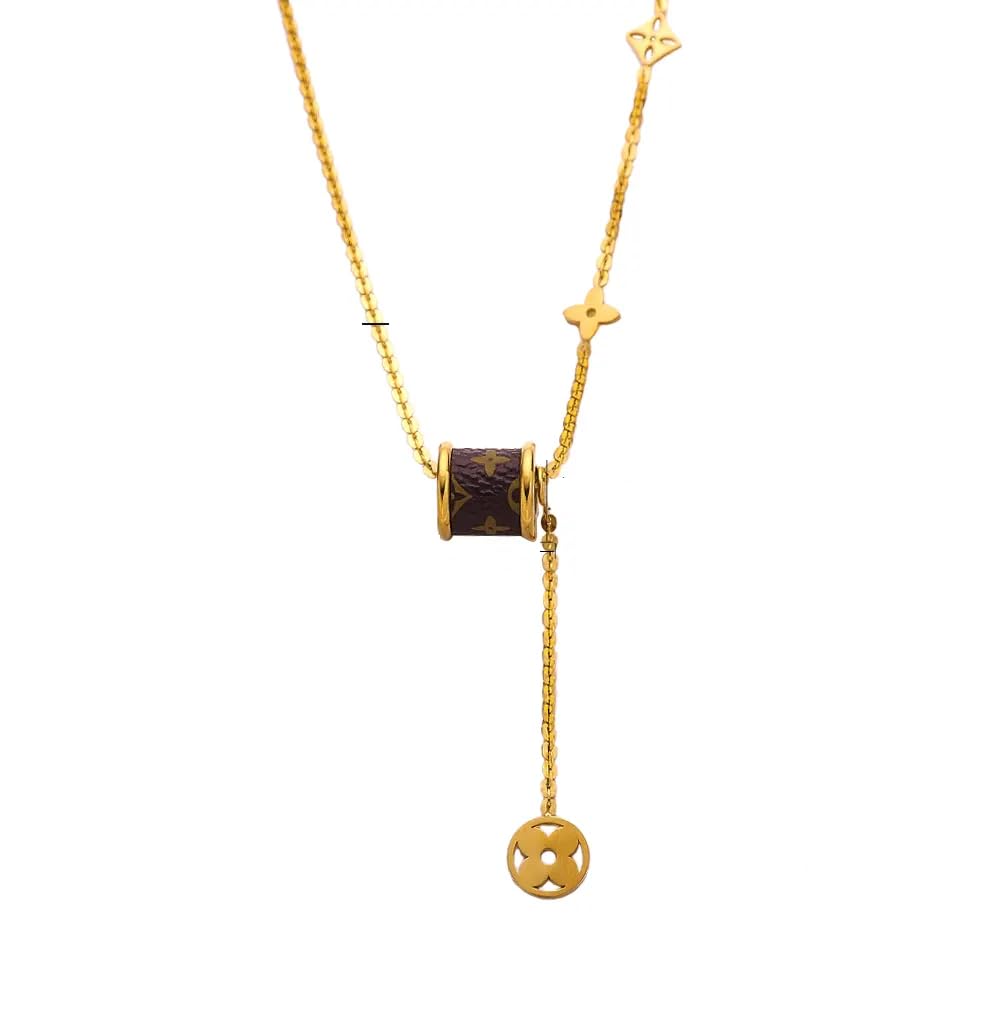 18K Gold Stainless Steel Necklace - Brown Cylinder Pendant with Charms