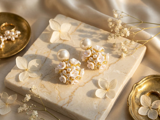 Luxury Pearl & Floral Cluster Statement Stud Earrings – Gold Finish