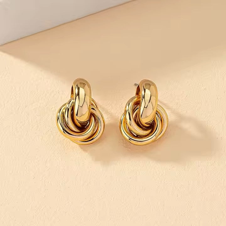 Metallic Gold Geometric Twisted Weaving Circles Earrings