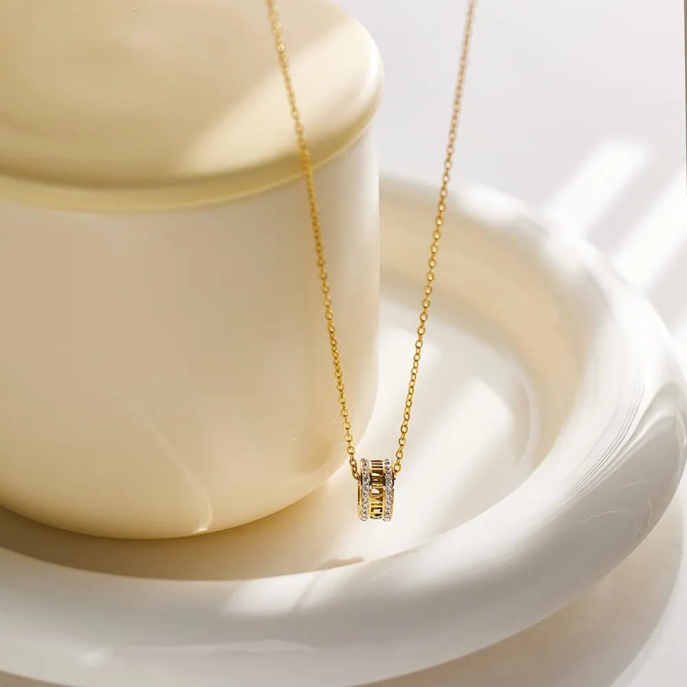 18K Gold Plated Roman Numerals Pendant Necklace with White Crystals, Elegant Stainless Steel Necklace, Perfect Mom Gifts, 18 Inch Dainty Gold Chain for Women and Girls - Christmas Jewelry For Women
