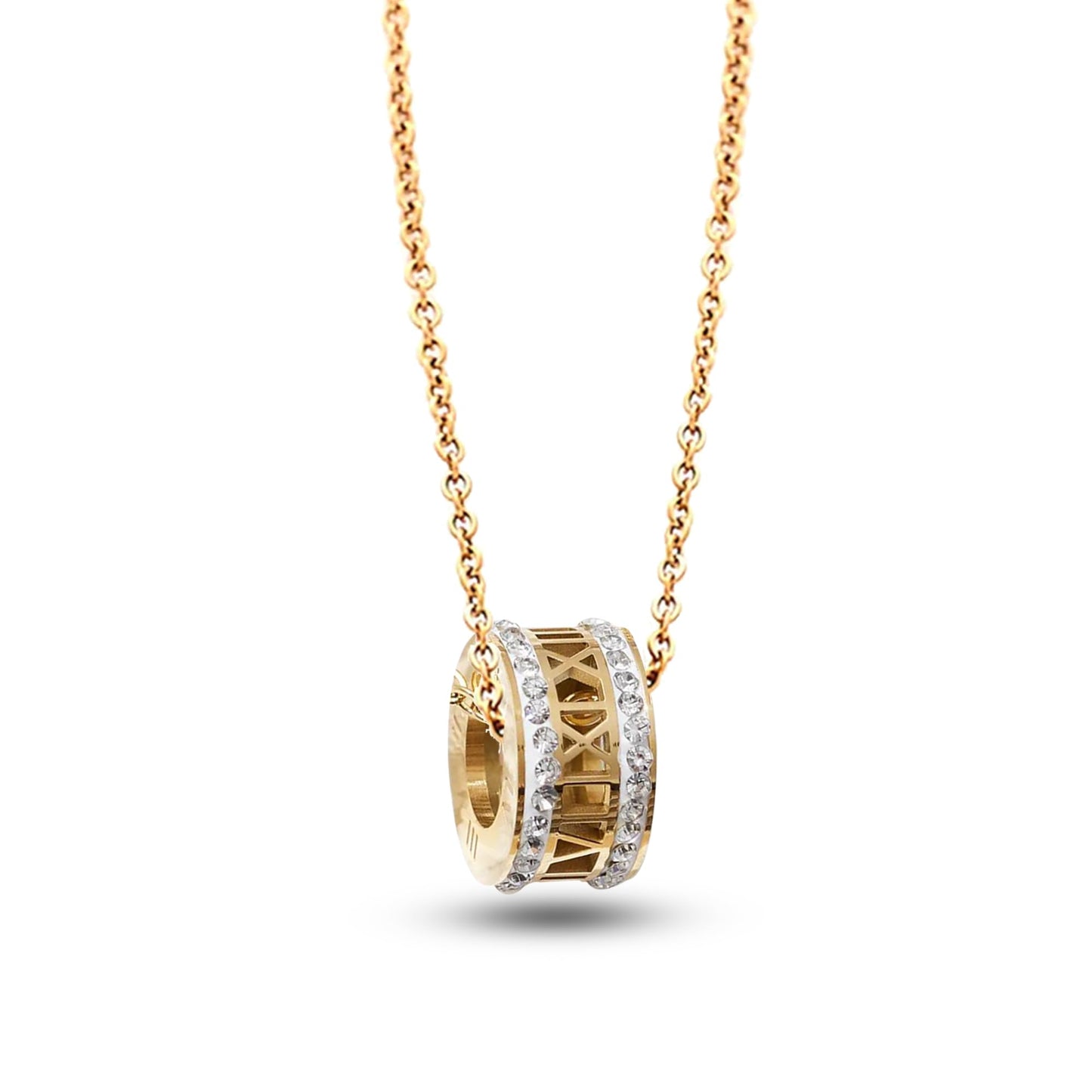 18K Gold Plated Roman Numerals Pendant Necklace with White Crystals, Elegant Stainless Steel Necklace, Perfect Mom Gifts, 18 Inch Dainty Gold Chain for Women and Girls - Christmas Jewelry For Women
