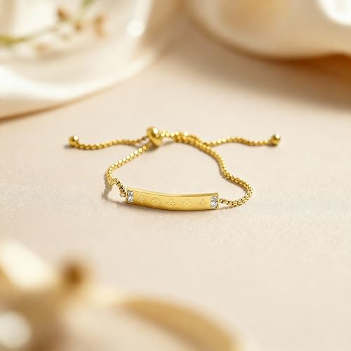 Gold Tone Chain Bracelet with Sun Ray Pendant and Clove Charm Adjustable Bangle - 18K Stainless Steel Gold-Plated Chain Jewelry