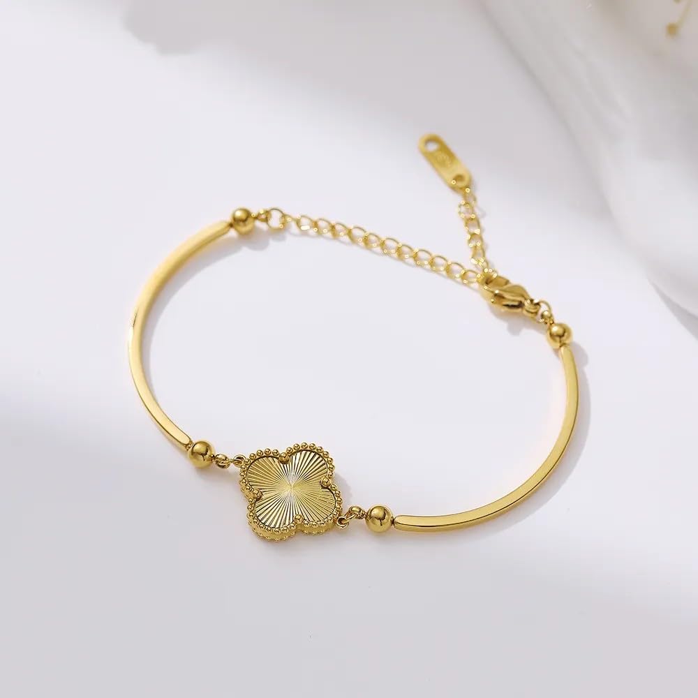 Gold Tone Chain Bracelet with Sun Ray Pendant and Clove Charm Adjustable Bangle - 18K Stainless Steel Gold-Plated Chain Jewelry