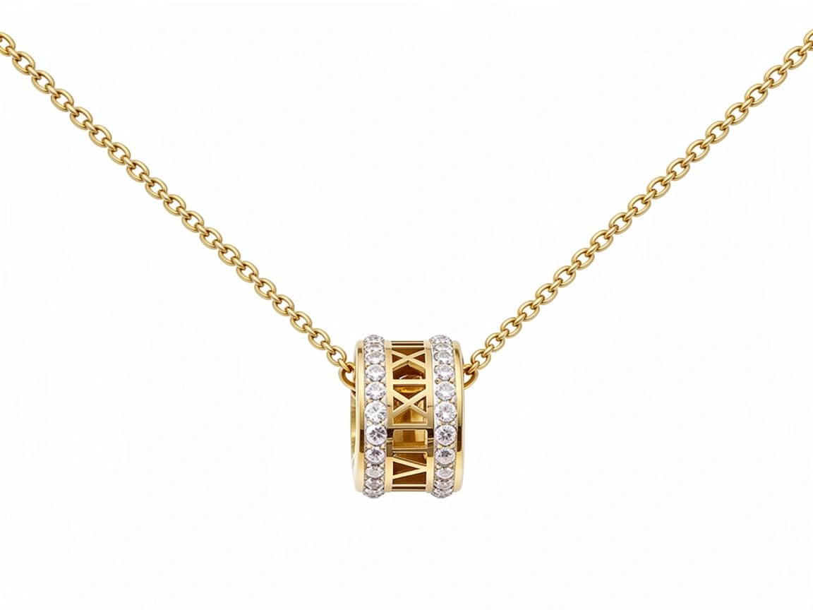 18K Gold Plated Roman Numerals Pendant Necklace with White Crystals, Elegant Stainless Steel Necklace, Perfect Mom Gifts, 18 Inch Dainty Gold Chain for Women and Girls - Christmas Jewelry For Women