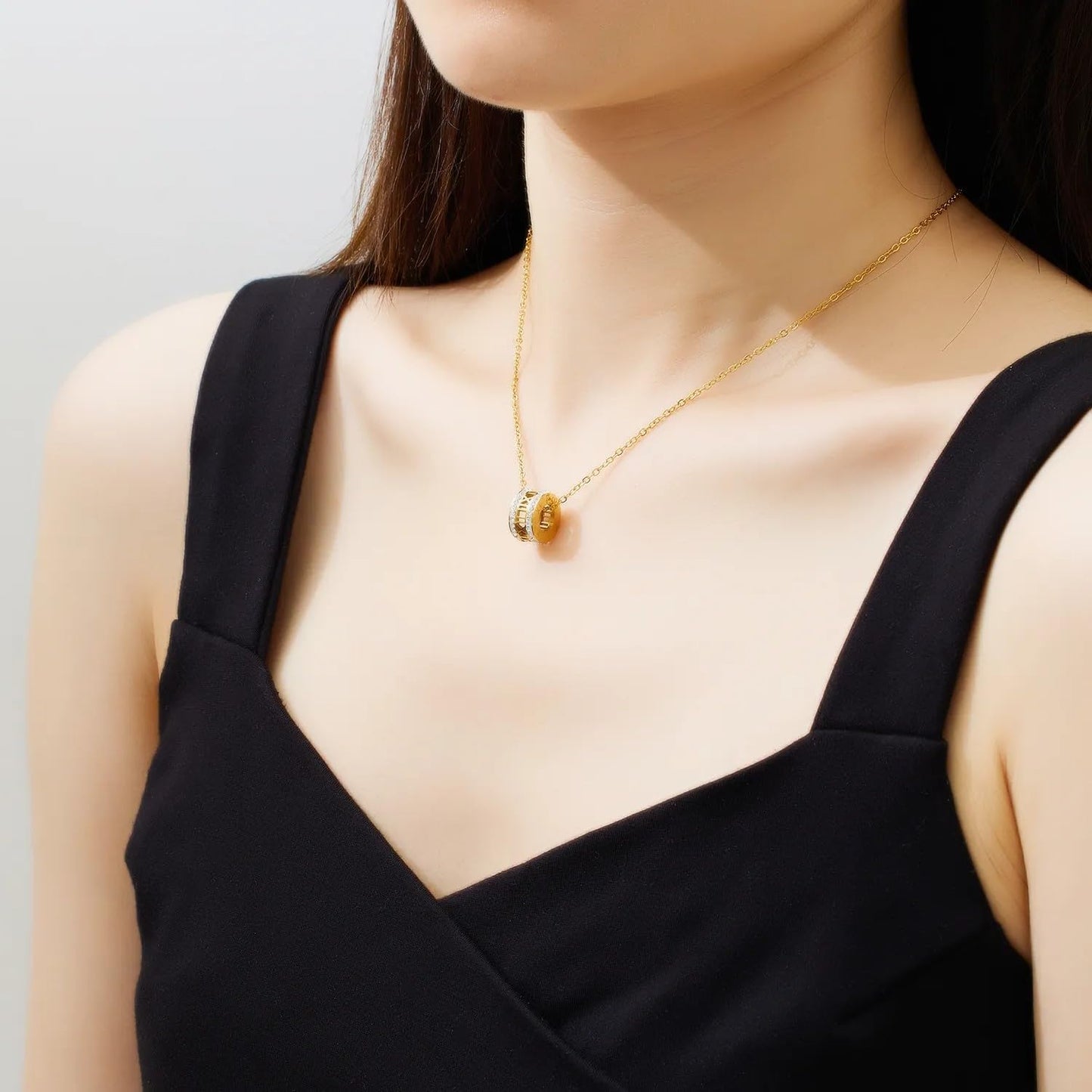 18K Gold Plated Roman Numerals Pendant Necklace with White Crystals, Elegant Stainless Steel Necklace, Perfect Mom Gifts, 18 Inch Dainty Gold Chain for Women and Girls - Christmas Jewelry For Women