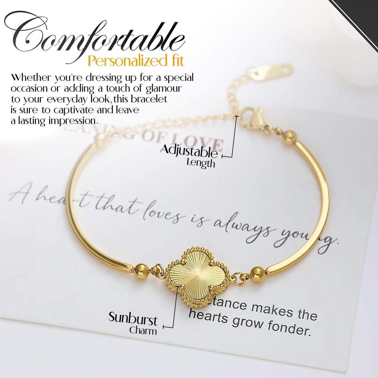 Gold Tone Chain Bracelet with Sun Ray Pendant and Clove Charm Adjustable Bangle - 18K Stainless Steel Gold-Plated Chain Jewelry