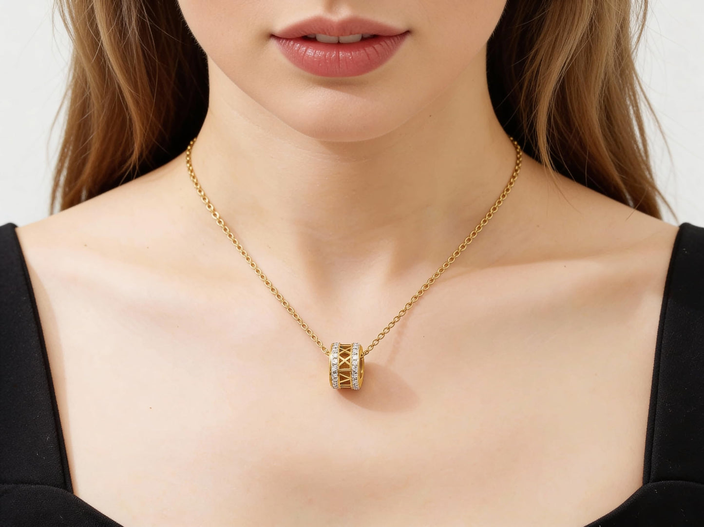 18K Gold Plated Roman Numerals Pendant Necklace with White Crystals, Elegant Stainless Steel Necklace, Perfect Mom Gifts, 18 Inch Dainty Gold Chain for Women and Girls - Christmas Jewelry For Women