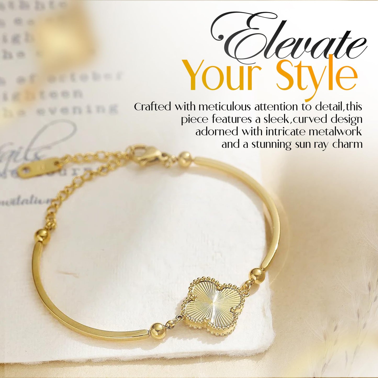 Gold Tone Chain Bracelet with Sun Ray Pendant and Clove Charm Adjustable Bangle - 18K Stainless Steel Gold-Plated Chain Jewelry