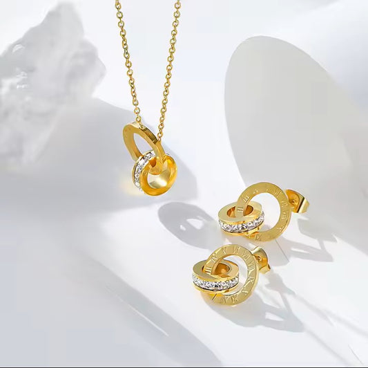 Two Ring Roman Numeral’s Necklace & Earrings Set - 18K Gold Stainless Steel