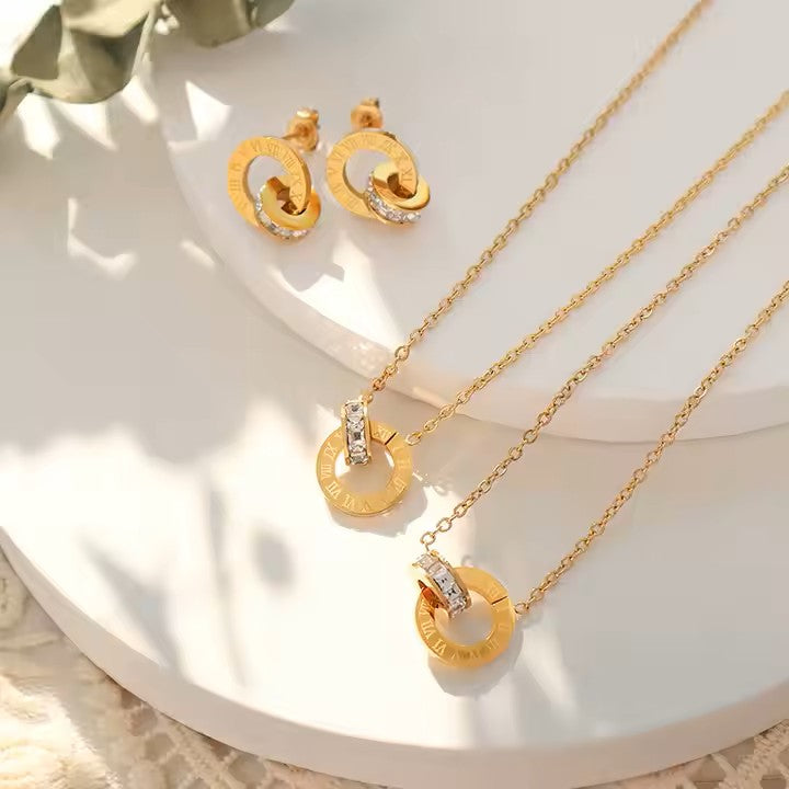 Two Ring Roman Numeral’s Necklace & Earrings Set - 18K Gold Stainless Steel