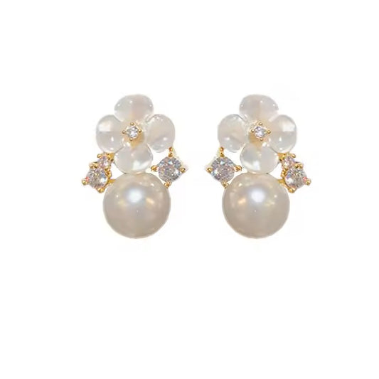 White Four Leaf Flower with Zircon Pearl Pendant Stud Earrings