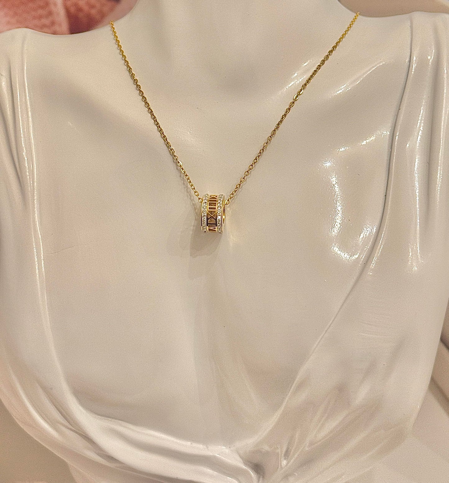 18K Gold Plated Roman Numerals Pendant Necklace with White Crystals, Elegant Stainless Steel Necklace, Perfect Mom Gifts, 18 Inch Dainty Gold Chain for Women and Girls - Christmas Jewelry For Women