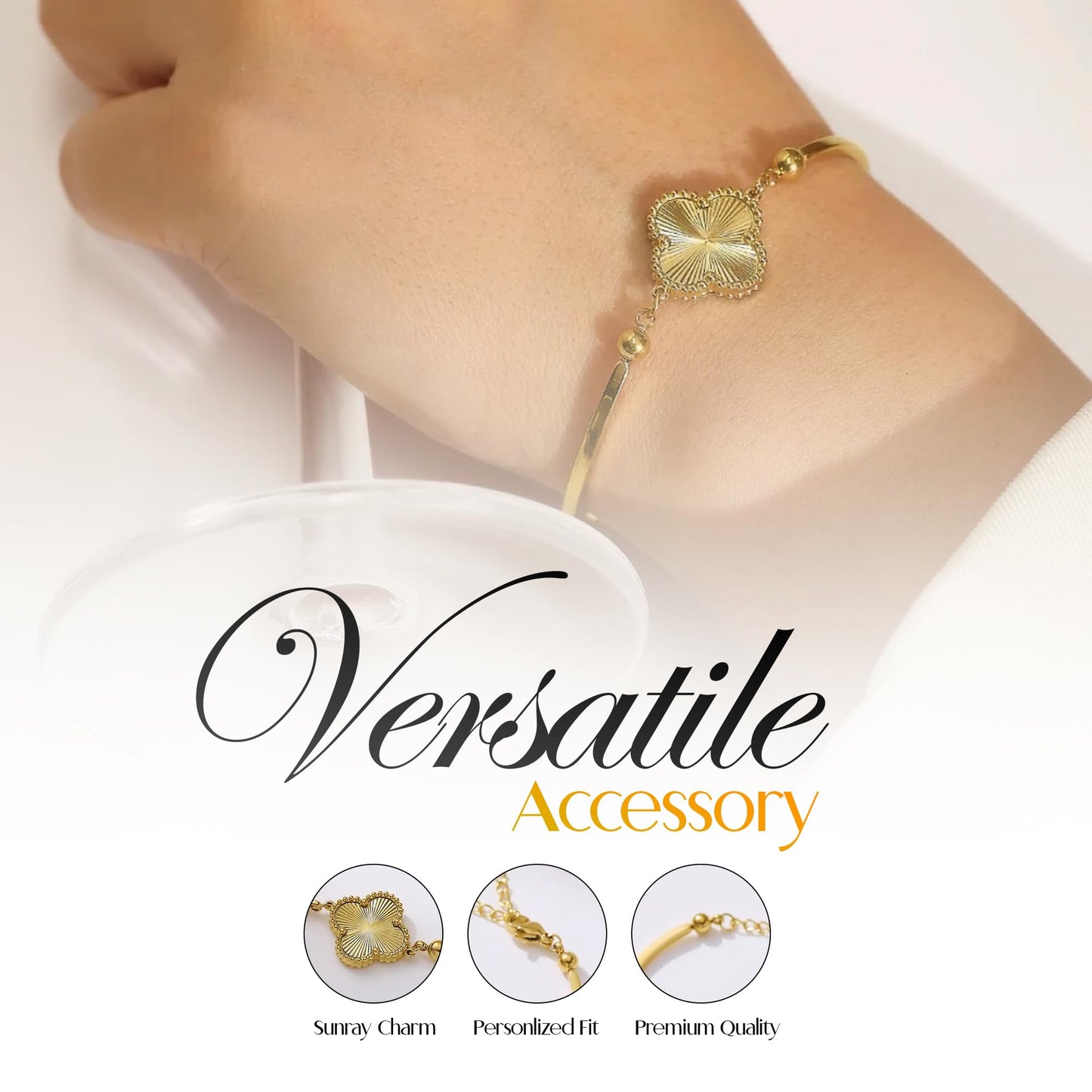 Gold Tone Chain Bracelet with Sun Ray Pendant and Clove Charm Adjustable Bangle - 18K Stainless Steel Gold-Plated Chain Jewelry