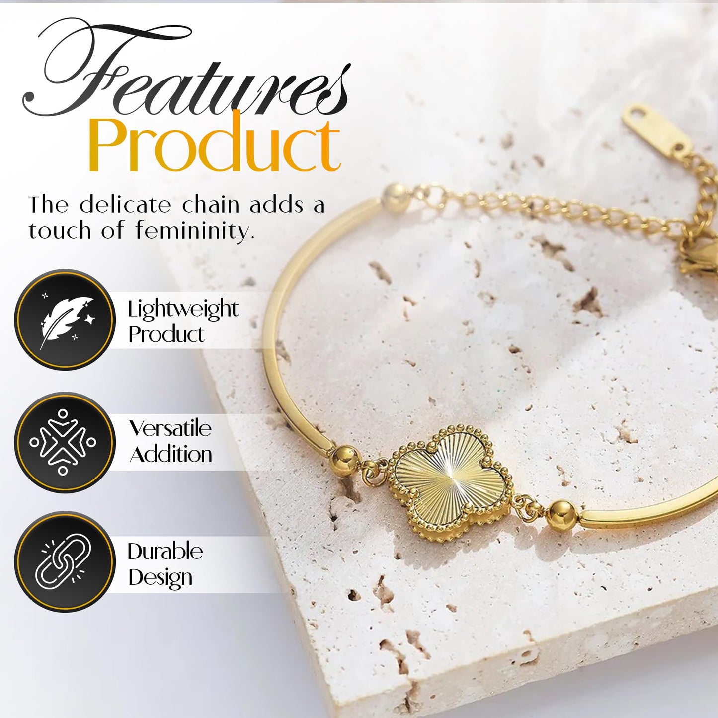 Gold Tone Chain Bracelet with Sun Ray Pendant and Clove Charm Adjustable Bangle - 18K Stainless Steel Gold-Plated Chain Jewelry