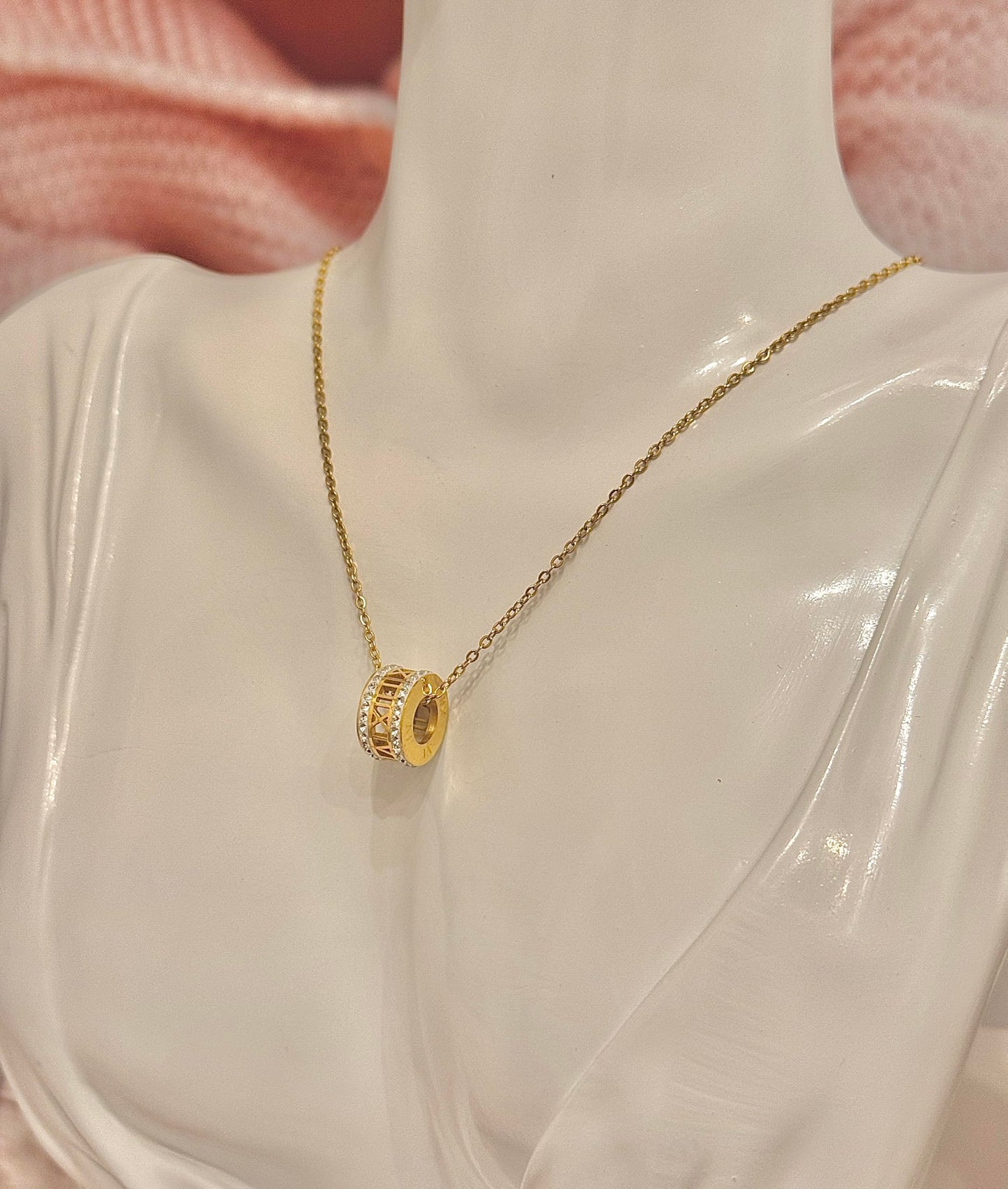 18K Gold Plated Roman Numerals Pendant Necklace with White Crystals, Elegant Stainless Steel Necklace, Perfect Mom Gifts, 18 Inch Dainty Gold Chain for Women and Girls - Christmas Jewelry For Women