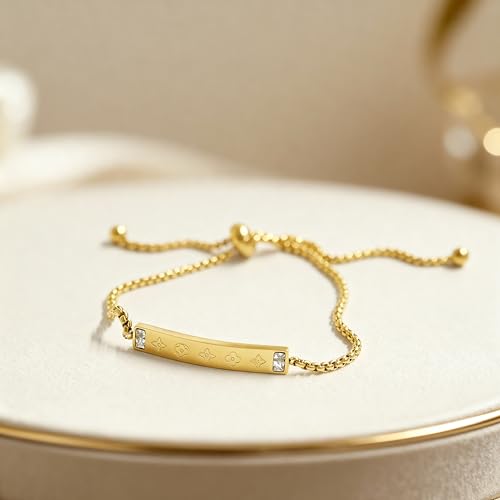 Gold Tone Chain Bracelet with Sun Ray Pendant and Clove Charm Adjustable Bangle - 18K Stainless Steel Gold-Plated Chain Jewelry