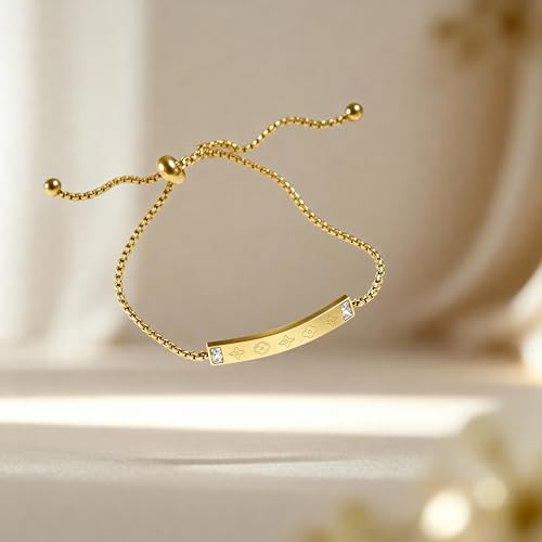 Gold Tone Chain Bracelet with Sun Ray Pendant and Clove Charm Adjustable Bangle - 18K Stainless Steel Gold-Plated Chain Jewelry
