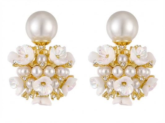 Luxury Pearl & Floral Cluster Statement Stud Earrings – Gold Finish