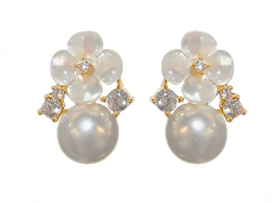 Pearl & Crystal Floral Stud Earrings – Gold-Tone Elegance