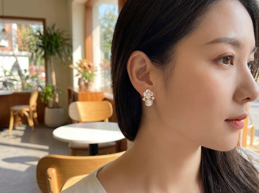Pearl & Crystal Floral Stud Earrings – Gold-Tone Elegance